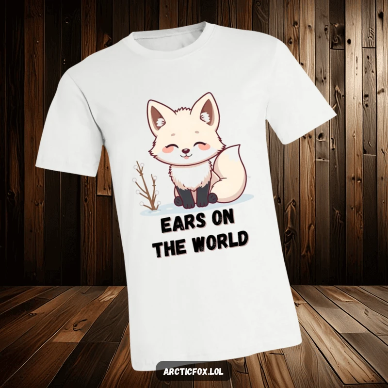 Funny Kawaii arctic fox with perked ears listening intently, a humorous and engaging t-shirt design.