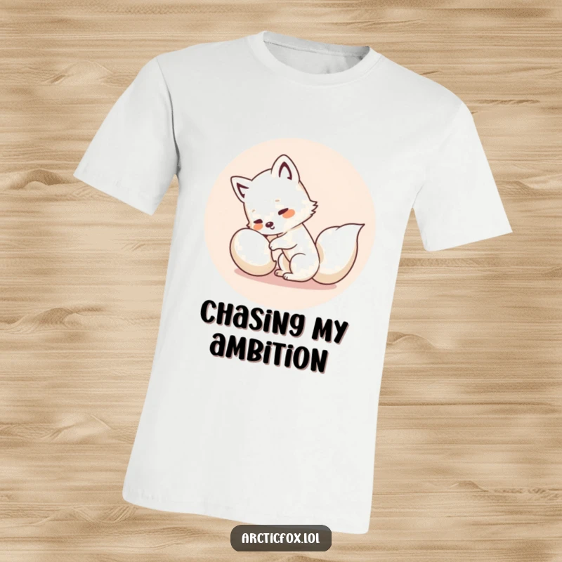 Funny Kawaii Arctic Fox T-Shirt: Cute white fox in a comical spin, trying to catch its tail, perfect for playful souls.