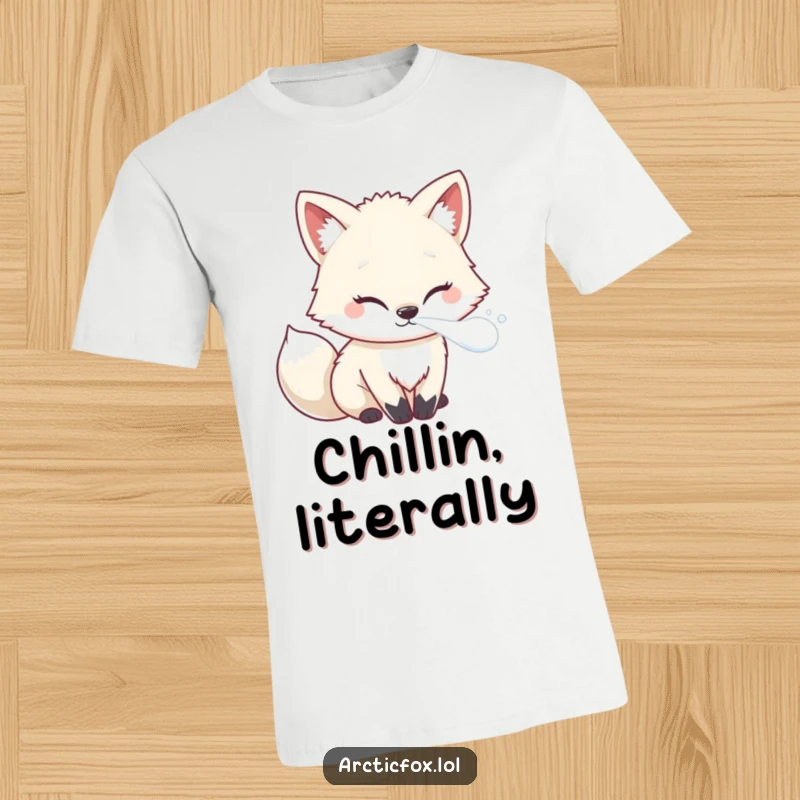 Funny Kawaii Arctic Fox T-Shirt showing frosty breath creating a mist puff, a cool and humorous outfit idea.