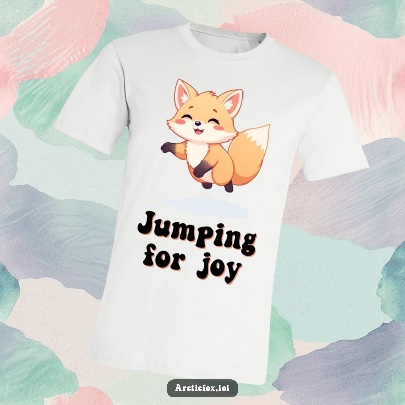 Funny Kawaii Arctic Fox T-Shirt: Adorable white fox happily jumping high in fluffy snow, a comical image of winter exuberance.