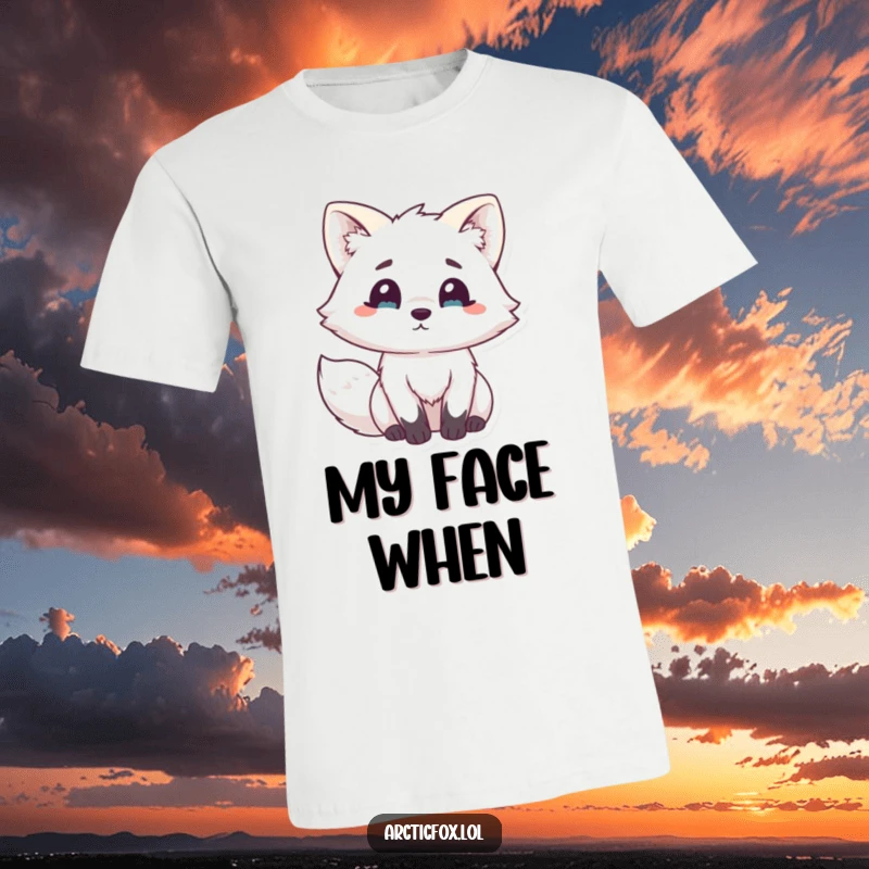 Funny Kawaii Arctic Fox T-Shirt: Cute white fox with big, surprised eyes and alert ears, a comical image of shock and wonder.