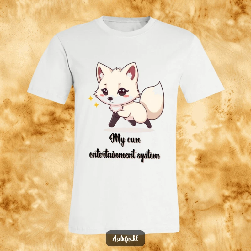 Funny t-shirt graphic of a lively Arctic fox with sparkling eyes, playfully chasing its own tail in a dizzying, happy circle.