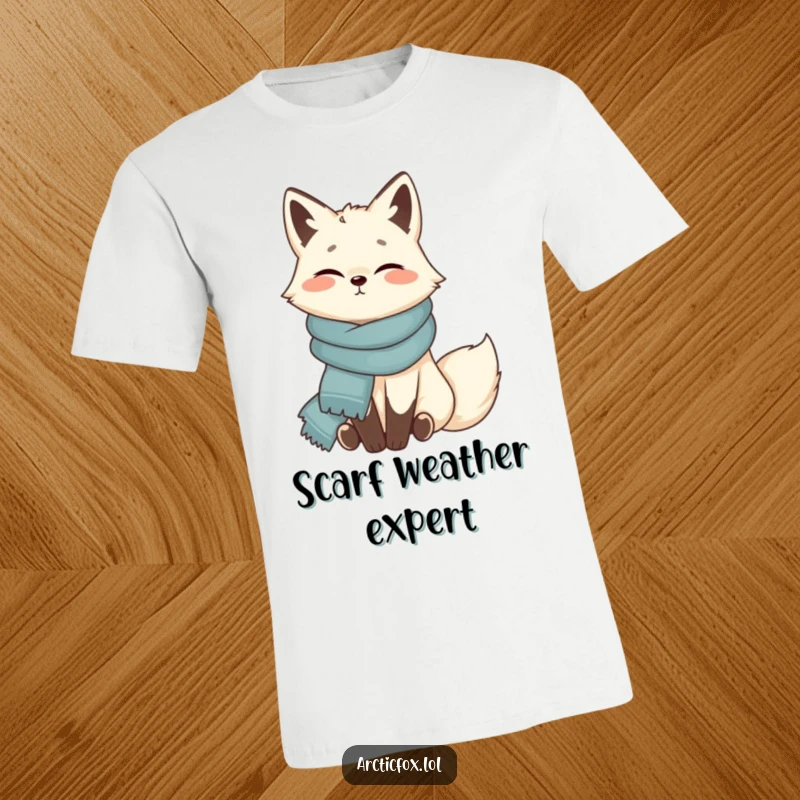Funny Arctic fox t-shirt, contentedly wrapped in scarf, cozy and comfortable, expressing warmth and relaxation, ideal for a humorous funny gift.
