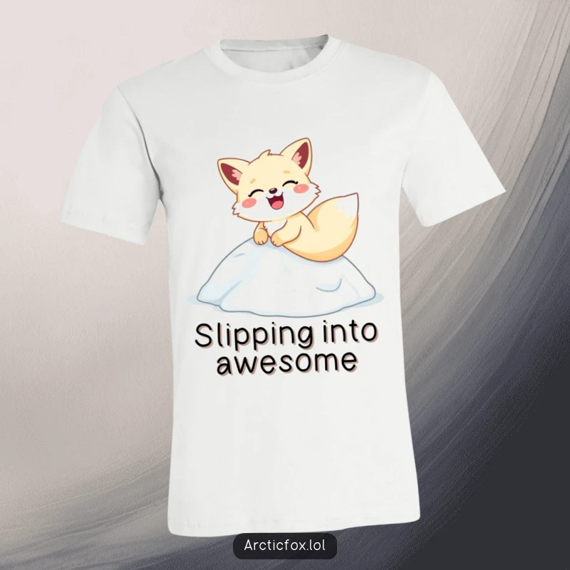 Funny arctic fox t-shirt, gleefully sliding and laughing down a small icy hill, embodying winter's funniest moments.