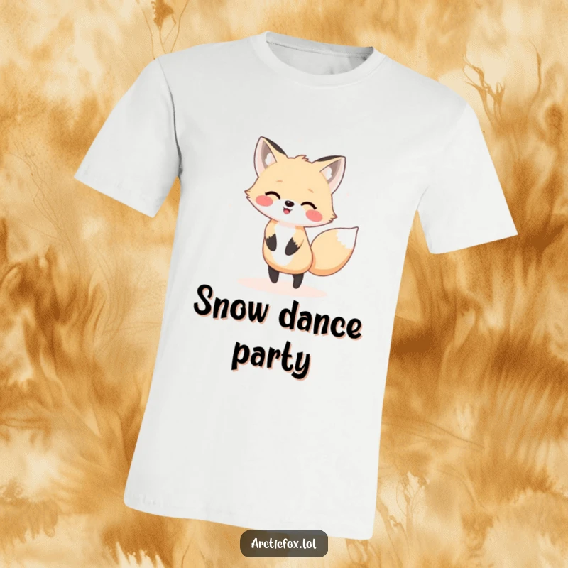 Funny Kawaii arctic fox dancing in snow, a humorous and lively t-shirt design.