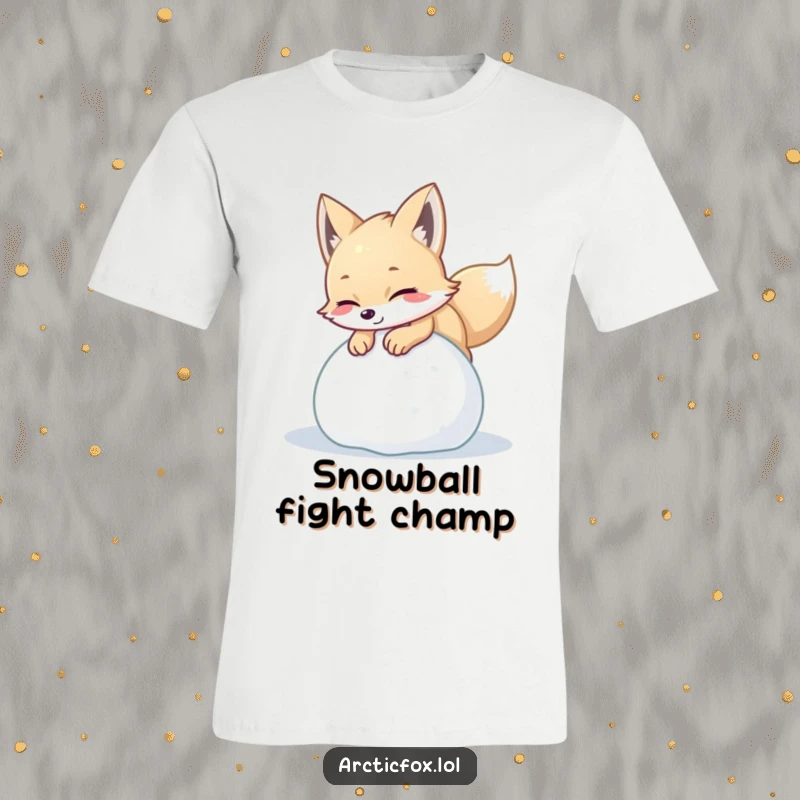 Funny arctic fox t-shirt featuring a playful creature pouncing with delight on a ball of soft snow, embodying winter excitement.