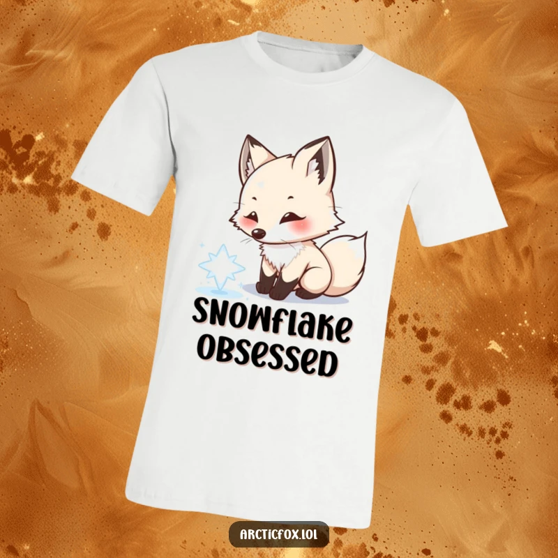 Funny Arctic fox t-shirt, playfully chasing snowflake, winter fun, capturing delight and playfulness, ideal for a humorous funny gift.