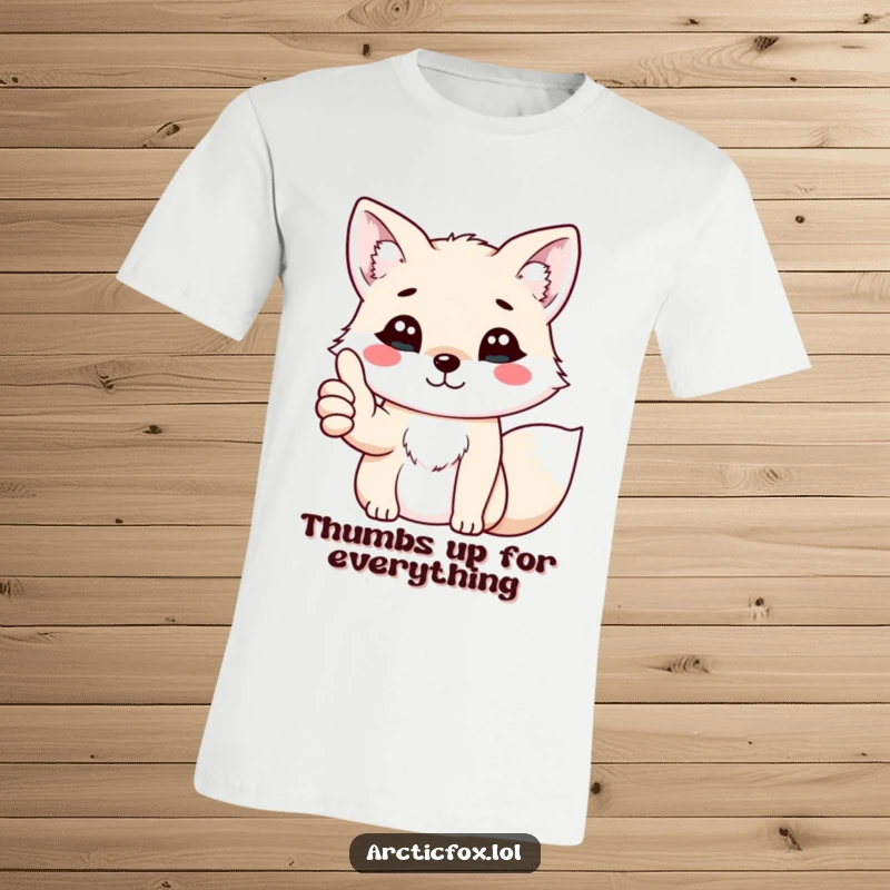 Funny kawaii arctic fox giving a cheerful thumbs up with its paw, printed on a fun and vibrant t-shirt.