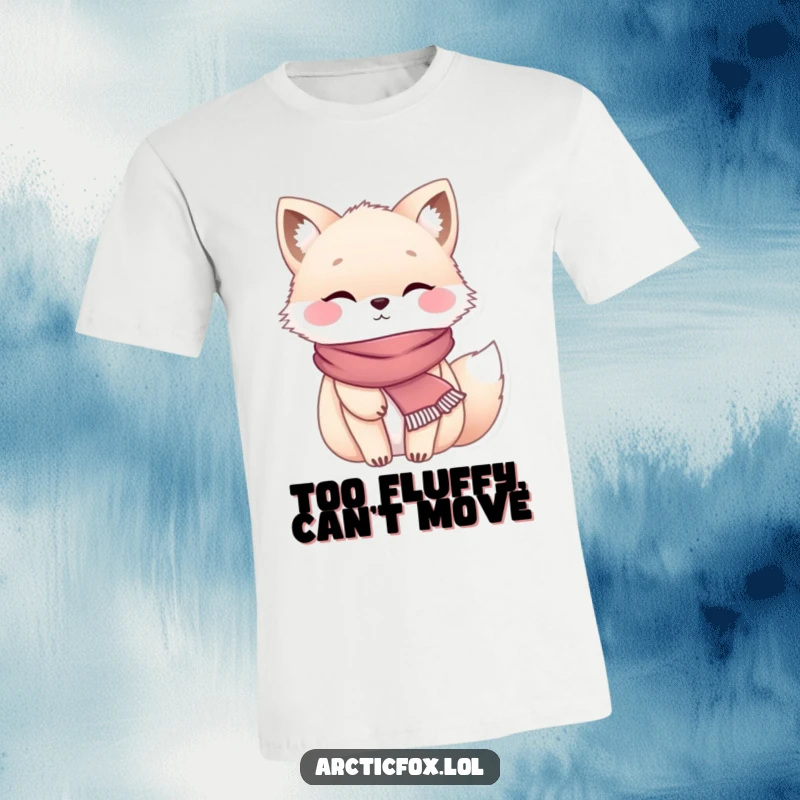 Funny chubby arctic fox wearing a tiny scarf, looking exceptionally cozy and radiating warmth on a t-shirt.