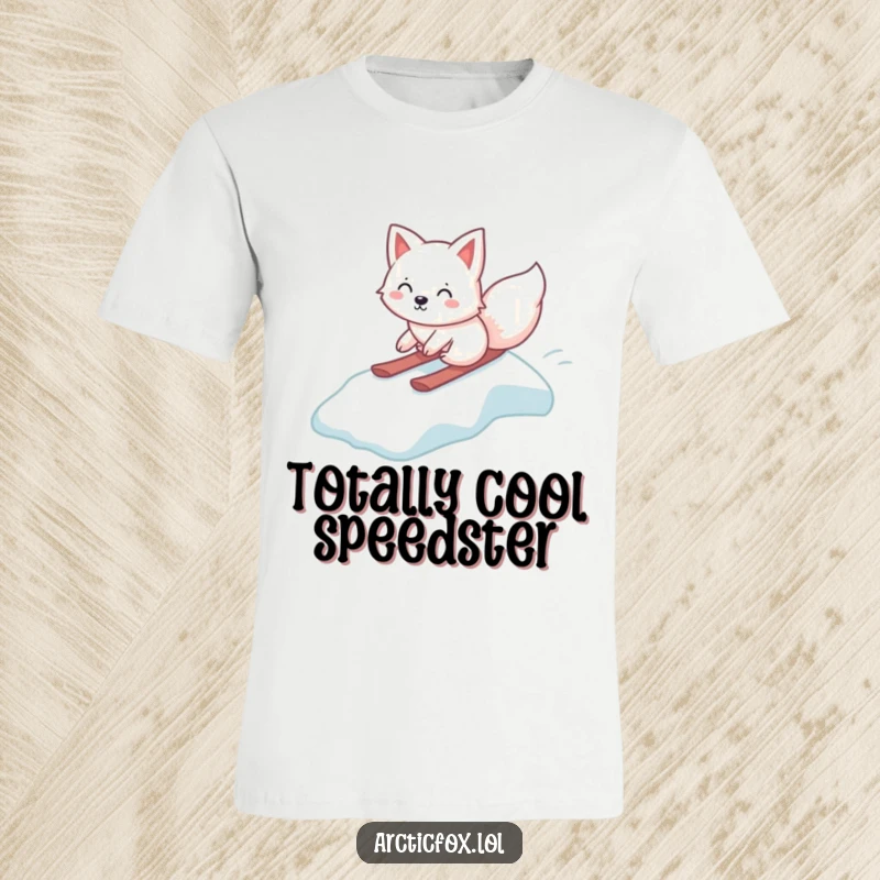 Funny Kawaii Arctic Fox T-Shirt, gleefully sliding down an icy slope, cute arctic animal graphic, amazing funny gift for winter enthusiasts