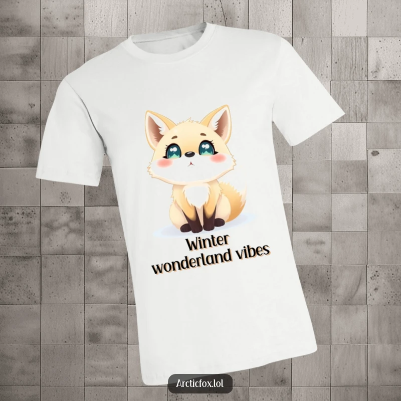 Funny t-shirt showcasing an arctic fox with incredibly wide, excited eyes, mesmerized by the gentle descent of snowflakes.
