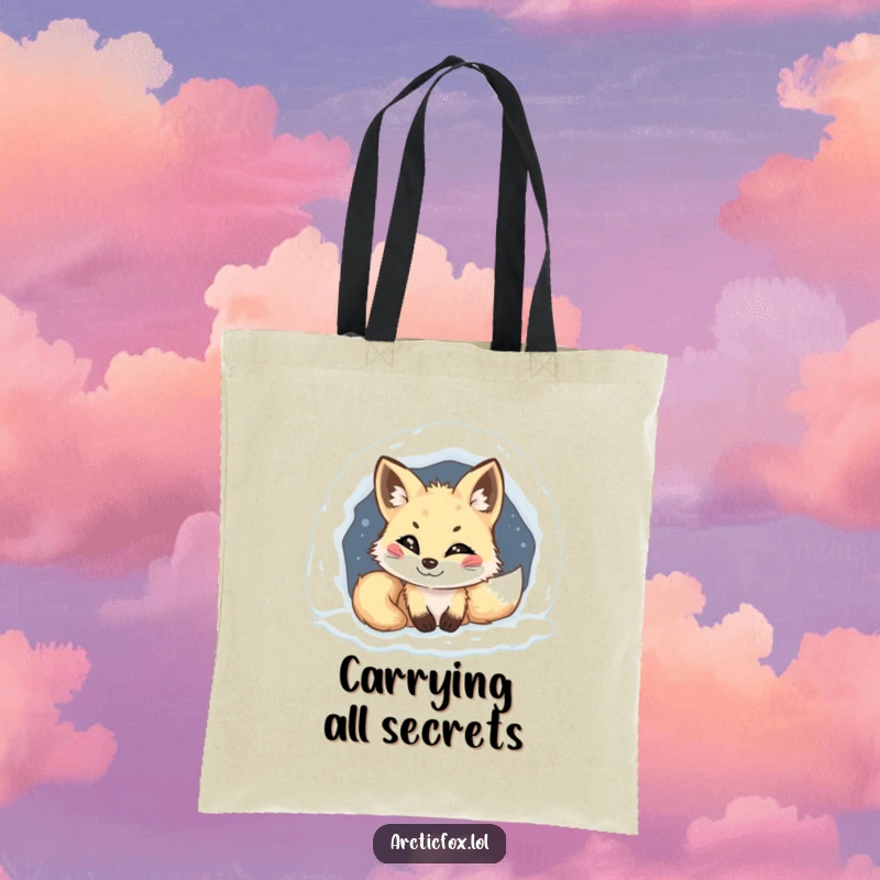 Funny Arctic fox tote bag, mischievous grin, peeking from snowy den, practical and hilarious accessory, great for a funny gift.