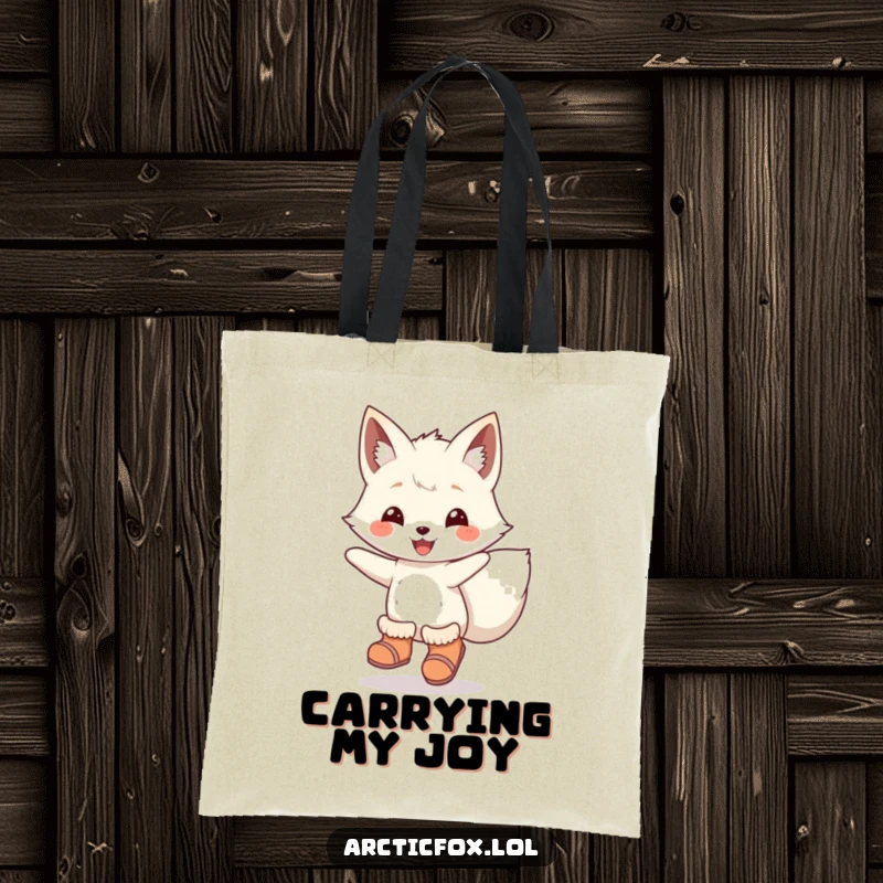 Funny Tote Bag: An arctic fox in little boots joyfully leaping, perfect for carrying items with a playful and humorous vibe.
