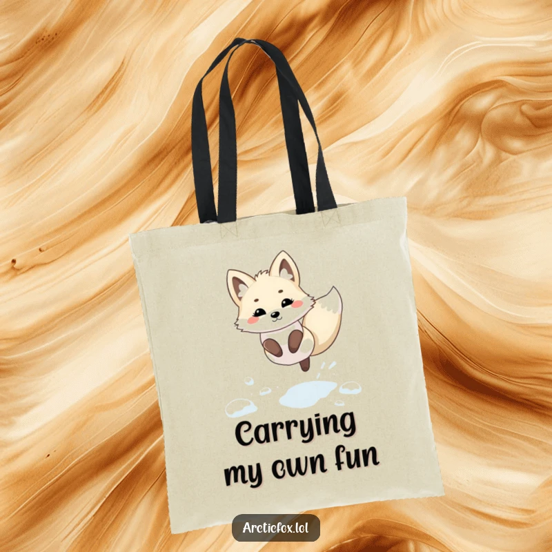 Funny Kawaii Arctic Fox Tote Bag: A tote bag with a kawaii arctic fox leaping playfully through fresh, powdery snow.