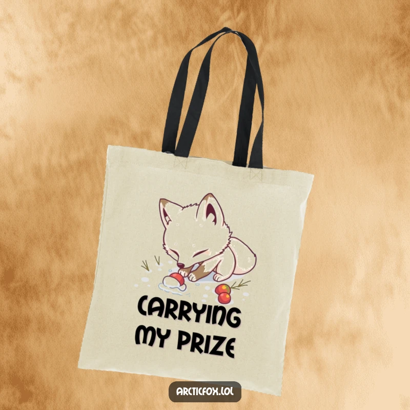 Funny Tote Bag: A determined arctic fox digs with enthusiasm in the snow, humorously searching for a hidden treat.