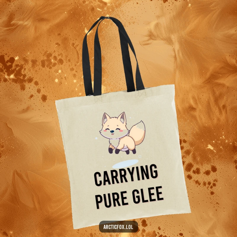 Funny happy arctic fox caught in a playful leap across the snow, showcased on a versatile tote bag.