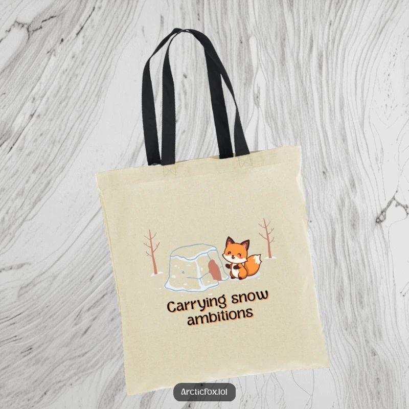 Funny Tote Bag: A happy fox comically building a shaky snow fort, perfect for carrying your belongings with a smile.