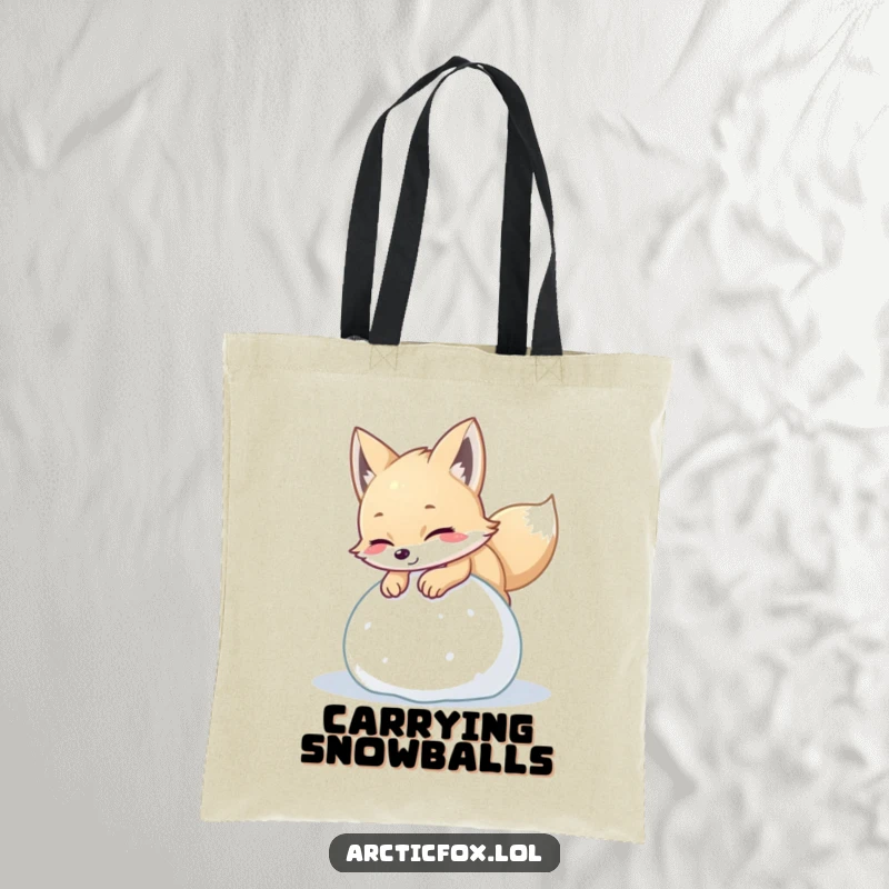 Funny arctic fox tote bag featuring a playful creature pouncing on a ball of soft snow, perfect for carrying playful winter joy.