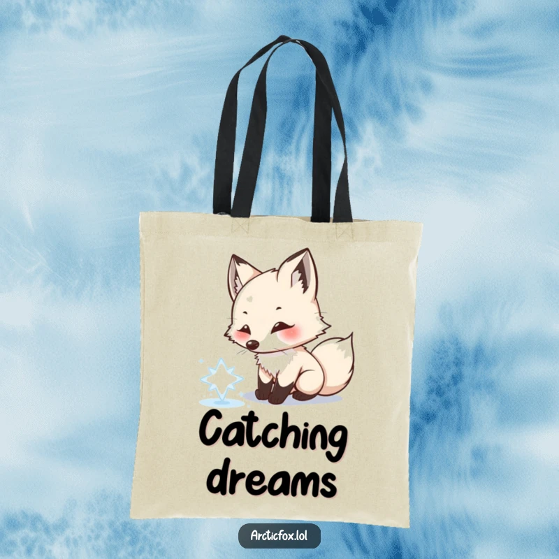 Funny Arctic fox tote bag, playfully chasing snowflake, winter accessory, charming and practical, a delightful funny gift.
