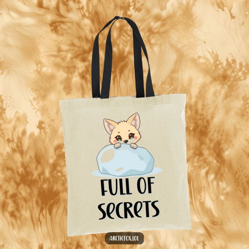 Funny Tote Bag: A curious arctic fox with big eyes peeks from behind an icy boulder, showcasing its inquisitive and humorous nature.