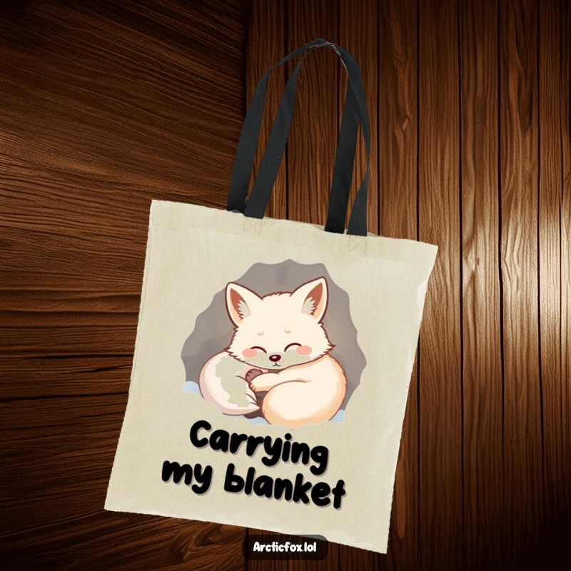 Funny tote bag showing a happy arctic fox peacefully curled in a warm, snowy den, letting out a happy sigh.