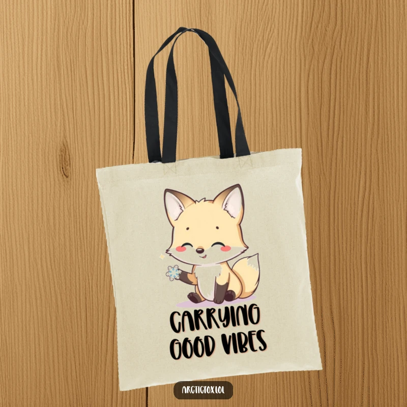 Funny tote bag showing a smiling arctic fox offering its paw in a friendly gesture to a tiny snowflake.