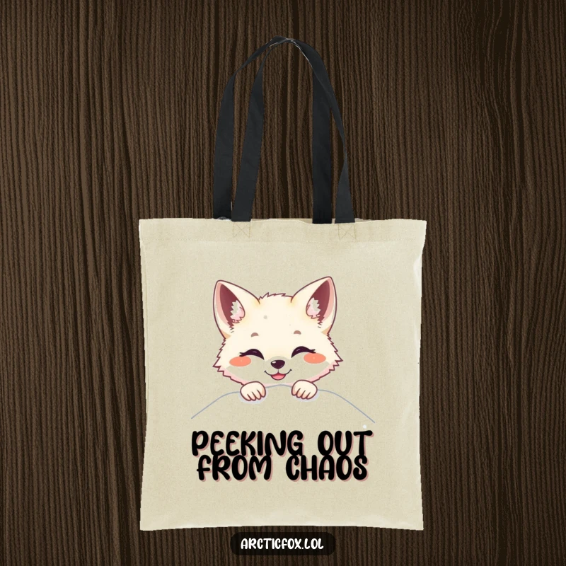 Funny Arctic fox tote bag, peeking over snow with a bright smile, perfect for carrying daily items joyfully.