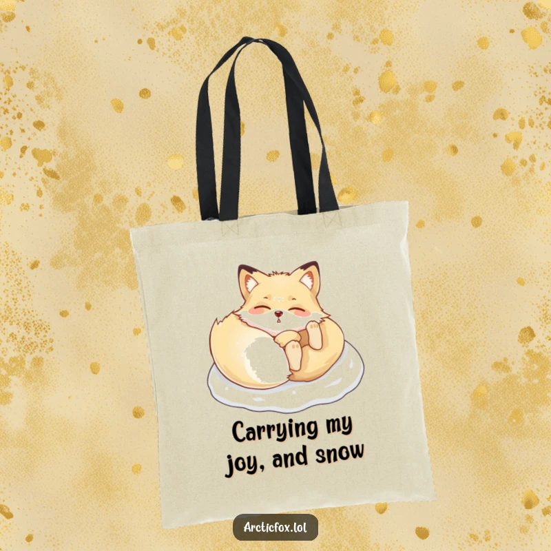 Funny Arctic fox tote bag, capturing the glee of a fox rolling playfully in fresh, soft snow.