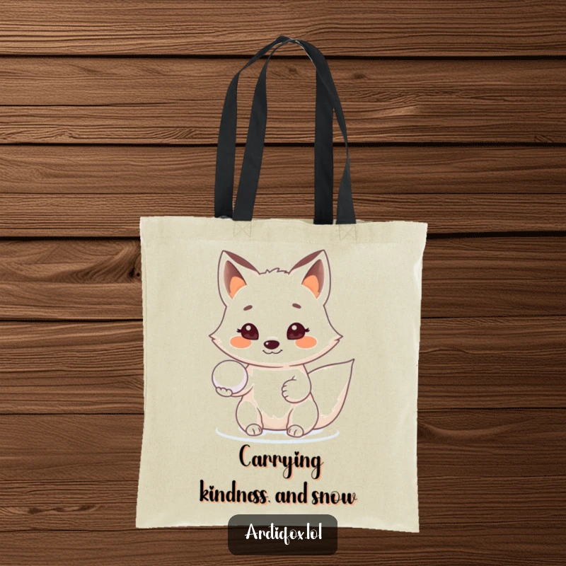 Funny Arctic fox tote bag, offering a snowball with a huge smile, perfect for carrying daily essentials happily.