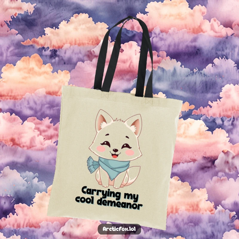 Funny tote bag showcasing a smiling Arctic fox wearing a tiny, colorful scarf, perfect for carrying groceries or everyday items with personality.