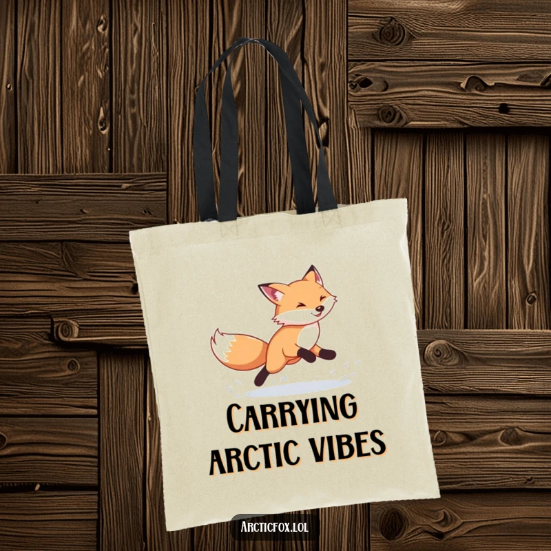 Funny Arctic Fox Tote Bag: Depicts an energetic fox running and kicking snow, durable and stylish for everyday use, a great funny gift.