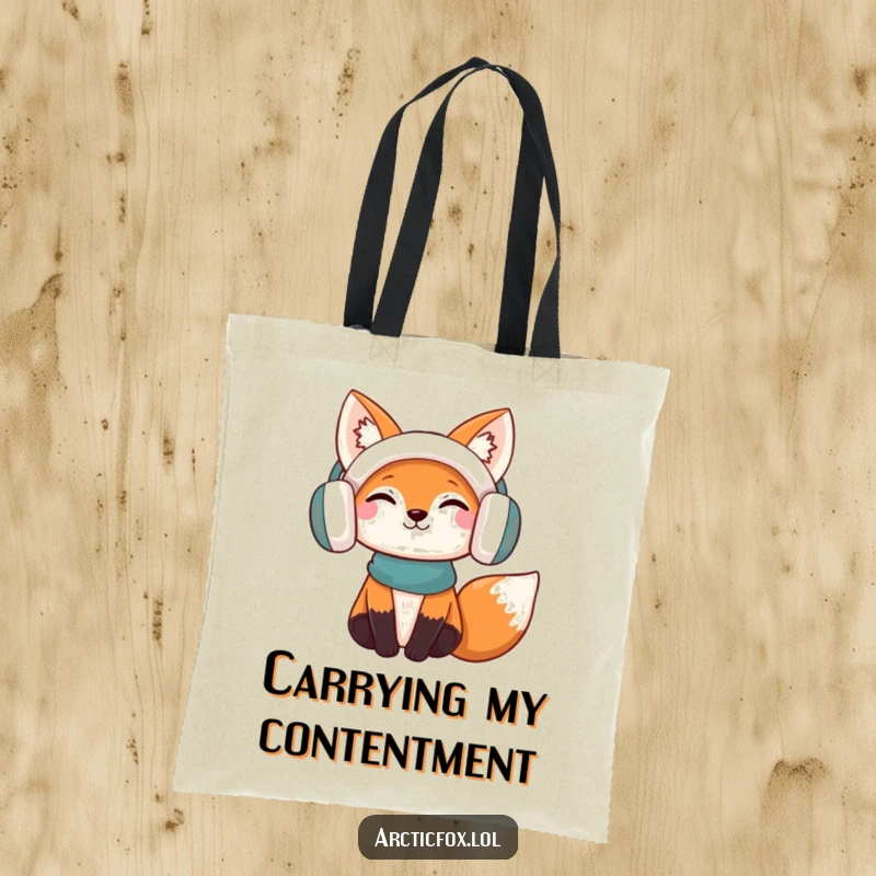 Funny Tote Bag: A charming fox wearing earmuffs, looking content and happy, ready to carry your belongings with humor.