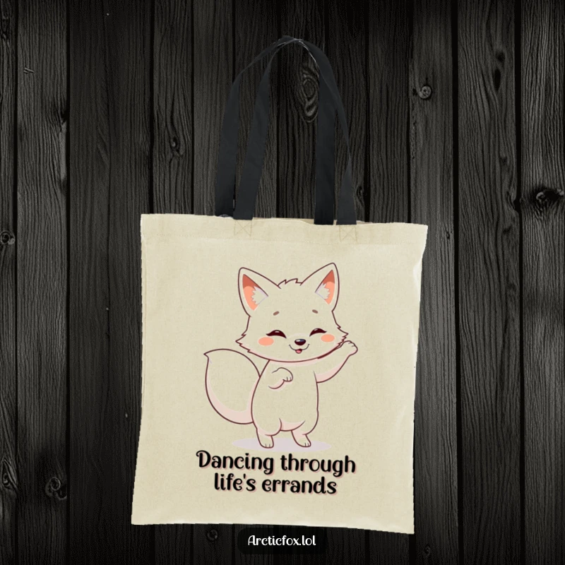 Funny Arctic fox tote bag, capturing a playful fox mid-dance with a vigorously wagging tail, full of fun.