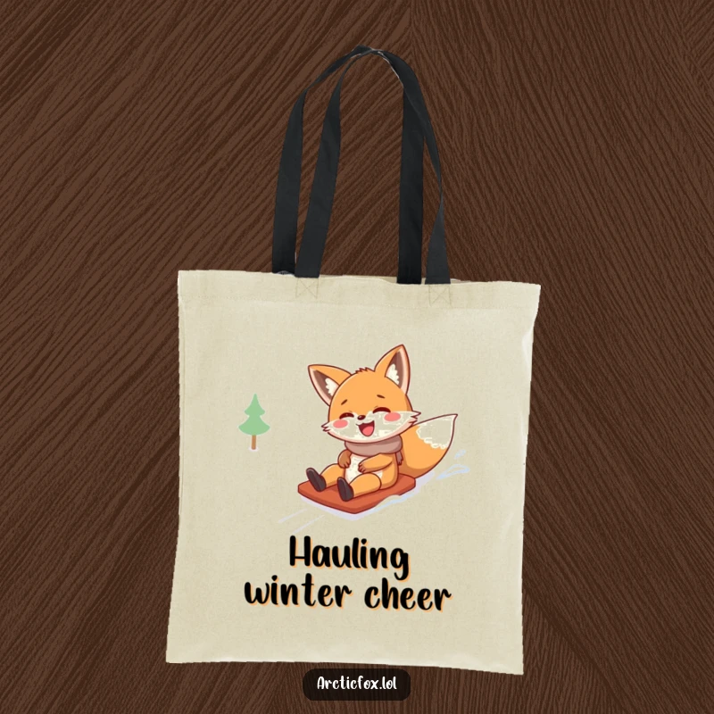Funny tote bag showcasing a happy fox character gleefully sliding down a snowy slope, radiating pure, infectious giggles.