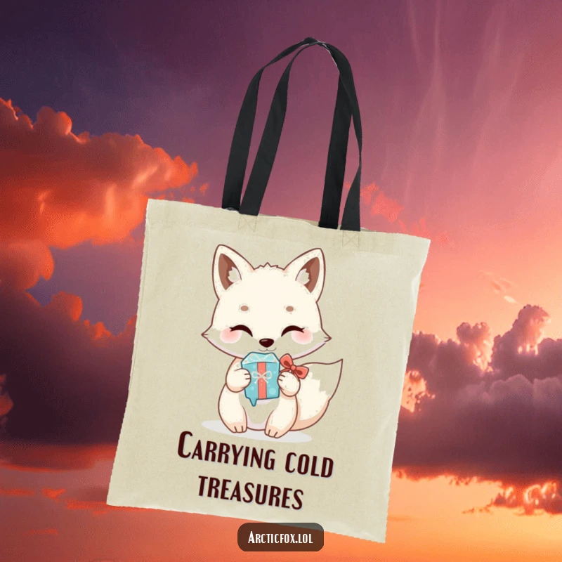 Funny Kawaii Arctic Fox Tote Bag: Cute white fox presenting a shiny icicle like a gift, a practical yet amusing winter accessory.