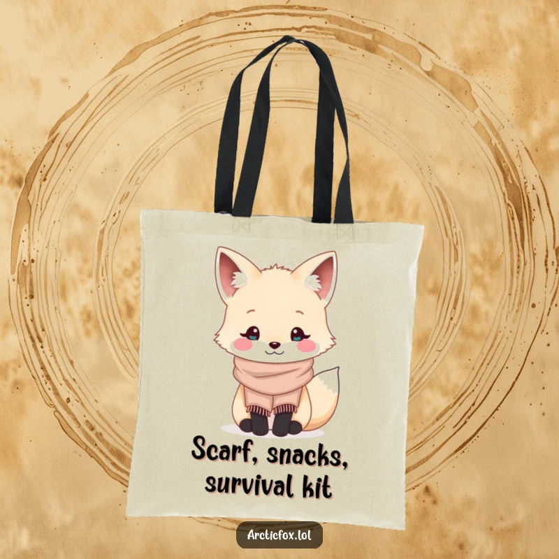Funny kawaii arctic fox wearing a tiny cozy scarf and smiling, printed on a durable and stylish tote bag.