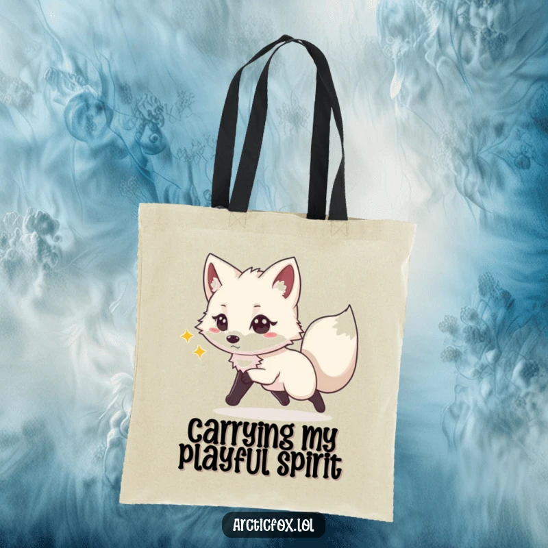 Funny tote bag illustration of a playful Arctic fox with sparkling eyes, energetically chasing its tail, ready for adventures.