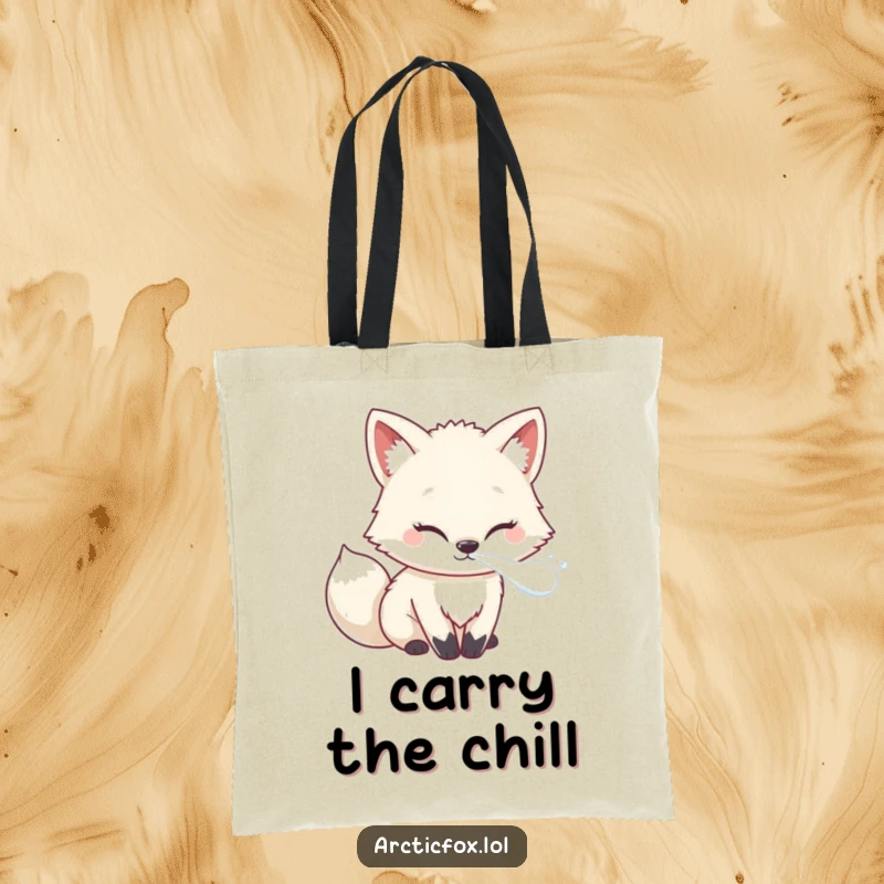 Funny Kawaii Arctic Fox Tote Bag, showcasing chilly frosty breath for a humorous and practical accessory.