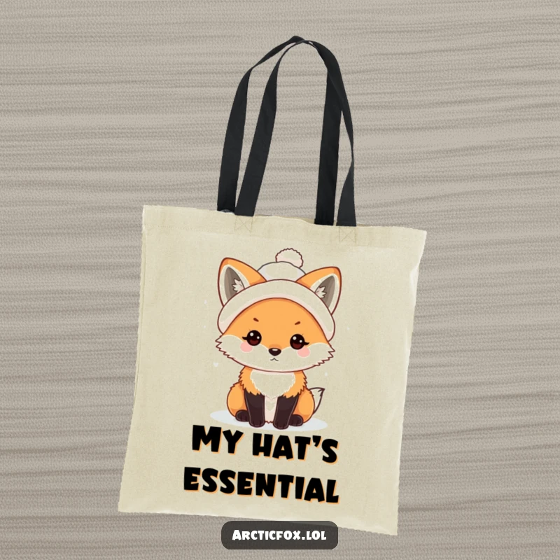 Funny Kawaii Arctic Fox Tote Bag with a tiny, crooked snowball hat, a charming and practical accessory.