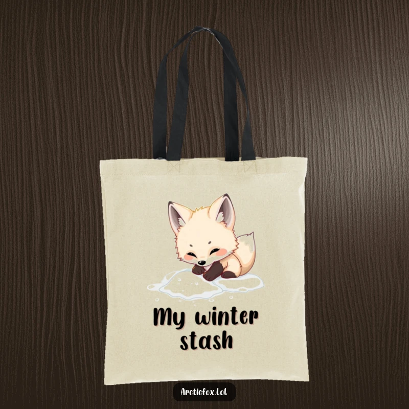Funny adorable arctic fox tote bag, captured mid-dig in powdery snow, a cute and playful accessory for daily use.