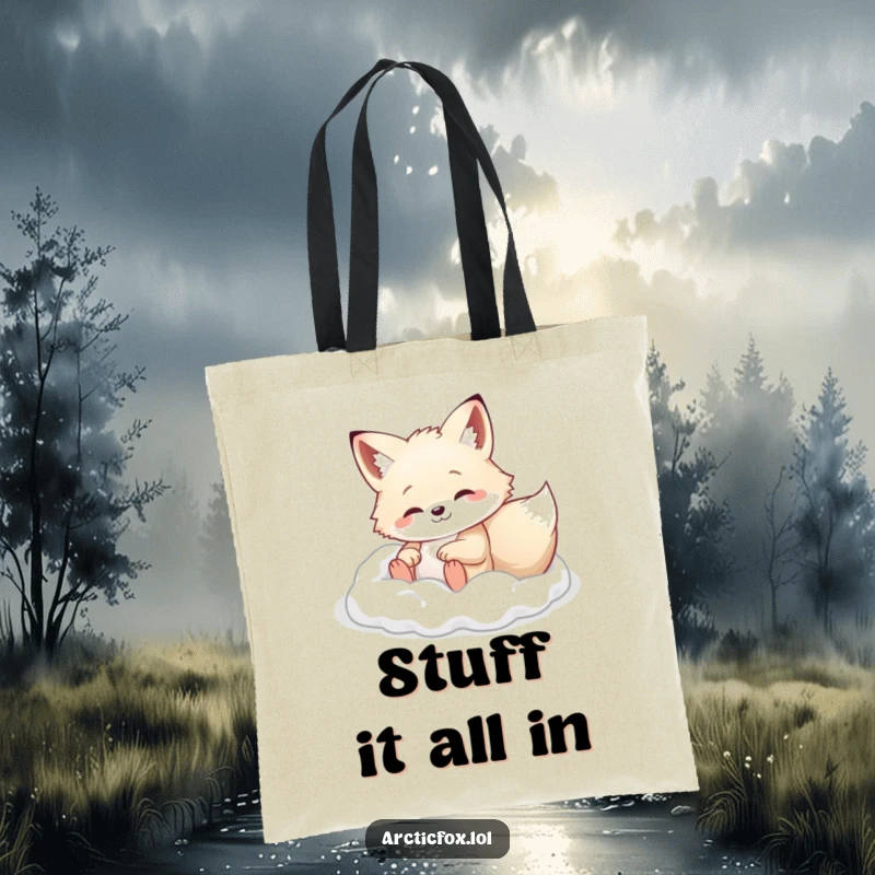 Arctic fox happily rolling in soft white powder, on a stylish tote bag, perfect for winter fun.